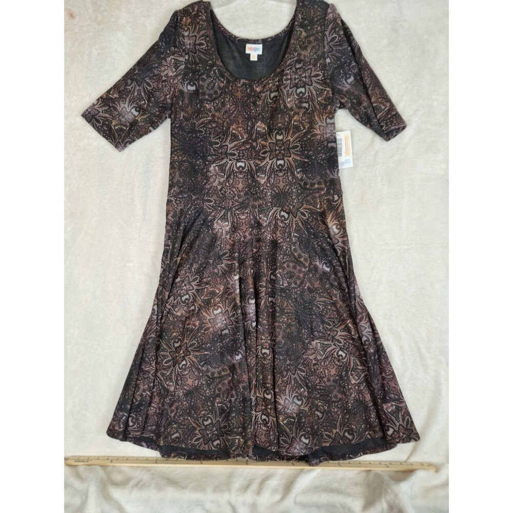 LuLaRoe Nicole Dress Womens 3XL Fit & Flare Stretch Midi Plus Brown Print NWT